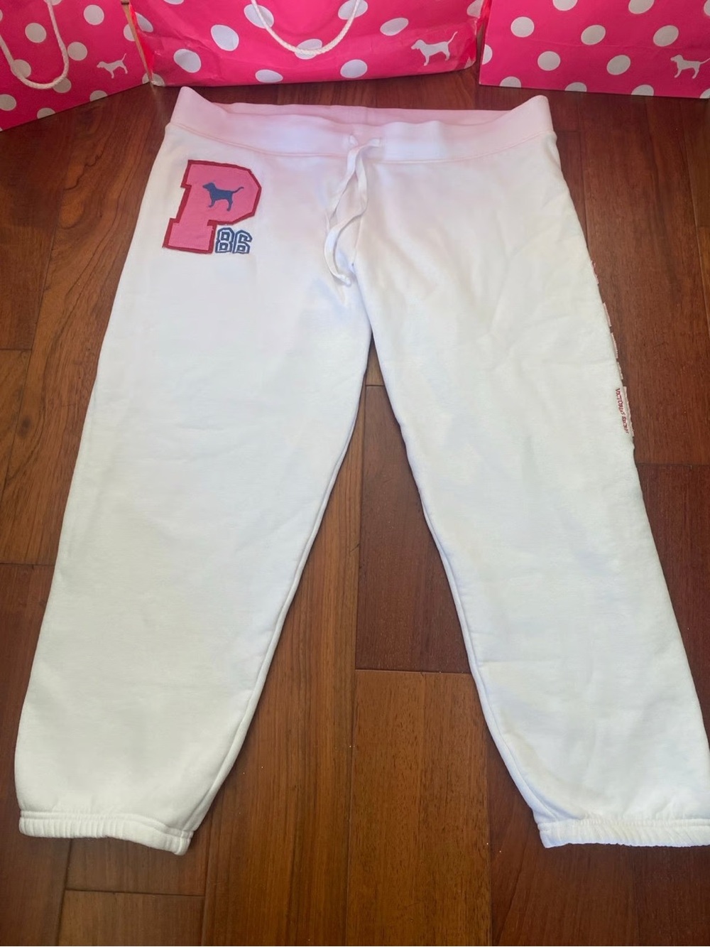 PINK Victoria's Secret White women’s Sweatpants with Pink P Patch